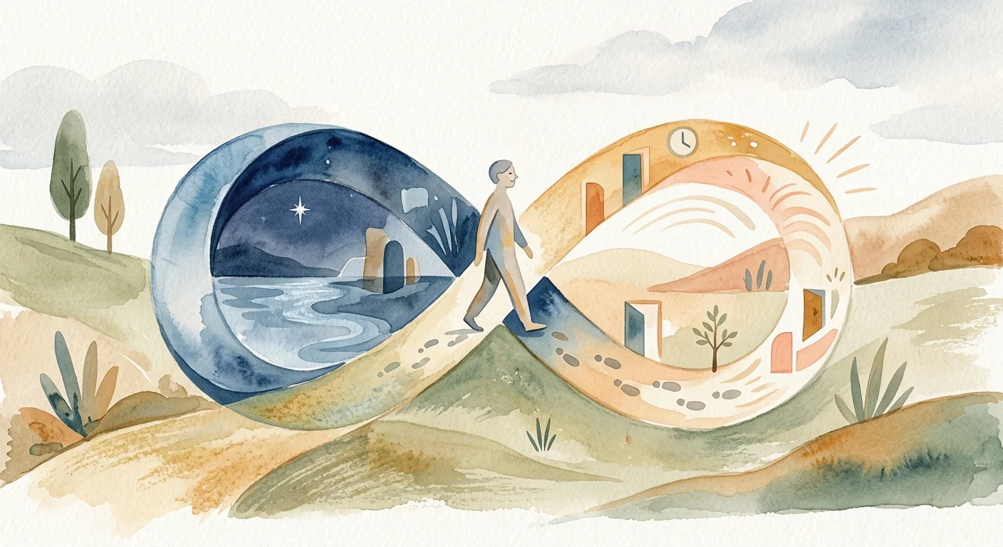 Soft watercolor illustration of a path forming an infinity loop, balancing cool blue and warm gold sections.
