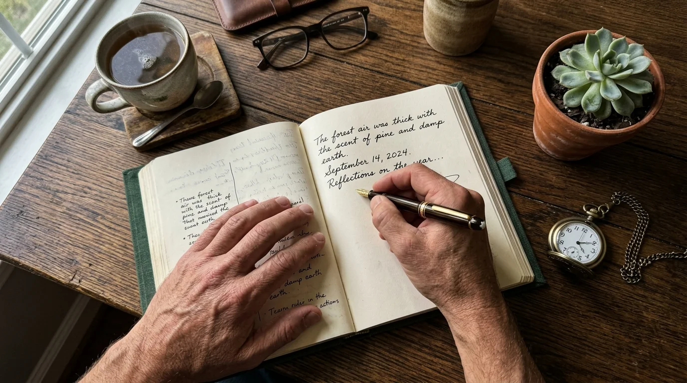 Top-down view of a person writing in a linen journal next to a cup of tea on a rustic wooden table.