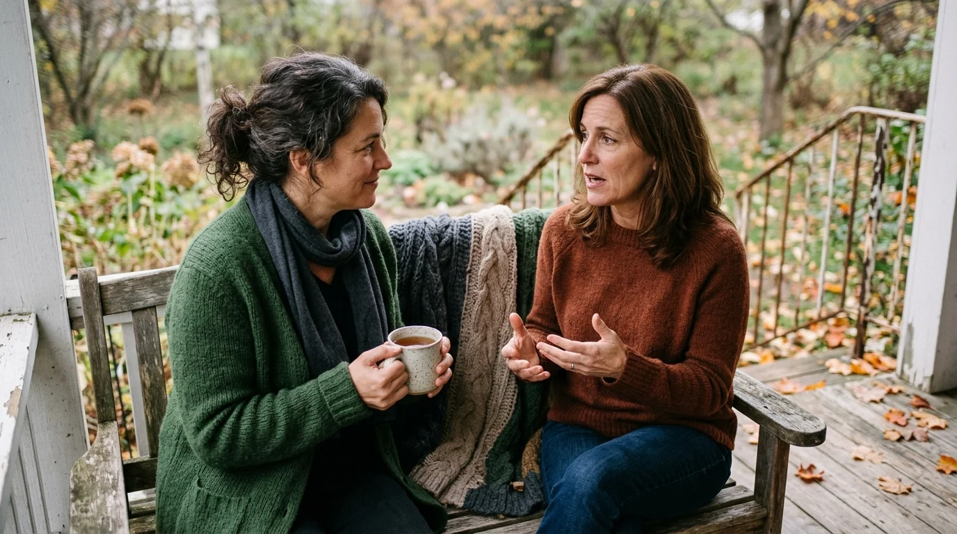 Two women sitting on an outdoor wooden porch bench talking, one holding a mug with fall foliage in the background.