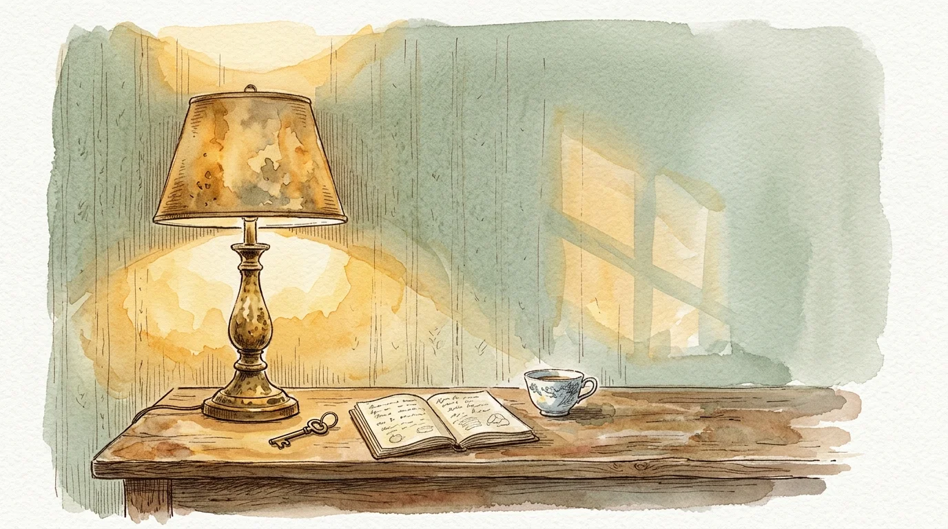 Watercolor illustration of a glowing lamp, antique key, open book, and teacup resting on a rustic wooden table.