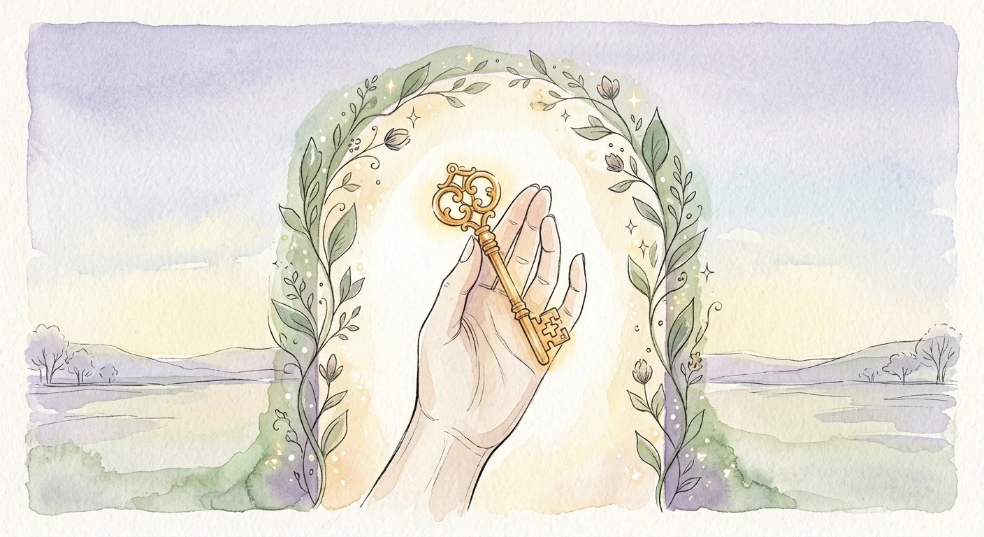 Watercolor illustration of a hand holding a golden key inside a protective archway of green vines.