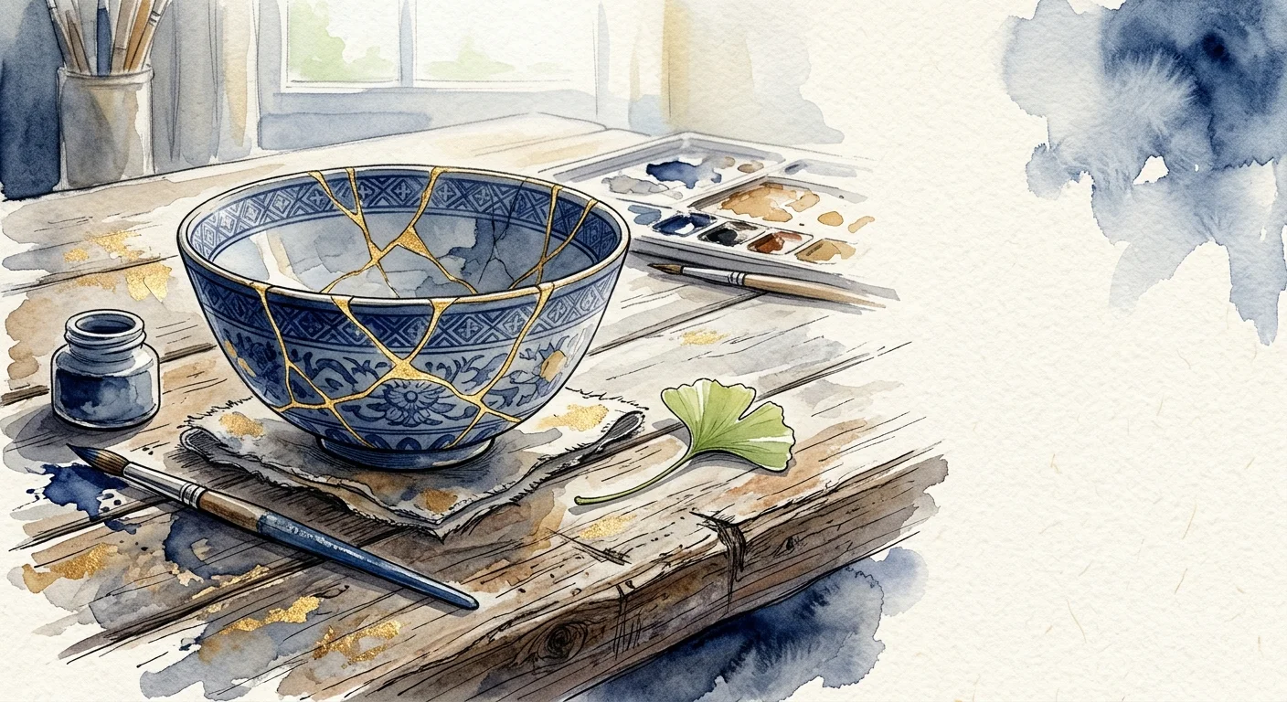 Watercolor illustration of a mended Kintsugi ceramic bowl with gold seams on a wooden workbench, representing emotional healing.