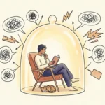 Watercolor illustration of a person reading peacefully inside a glowing glass dome that shields them from external noise.
