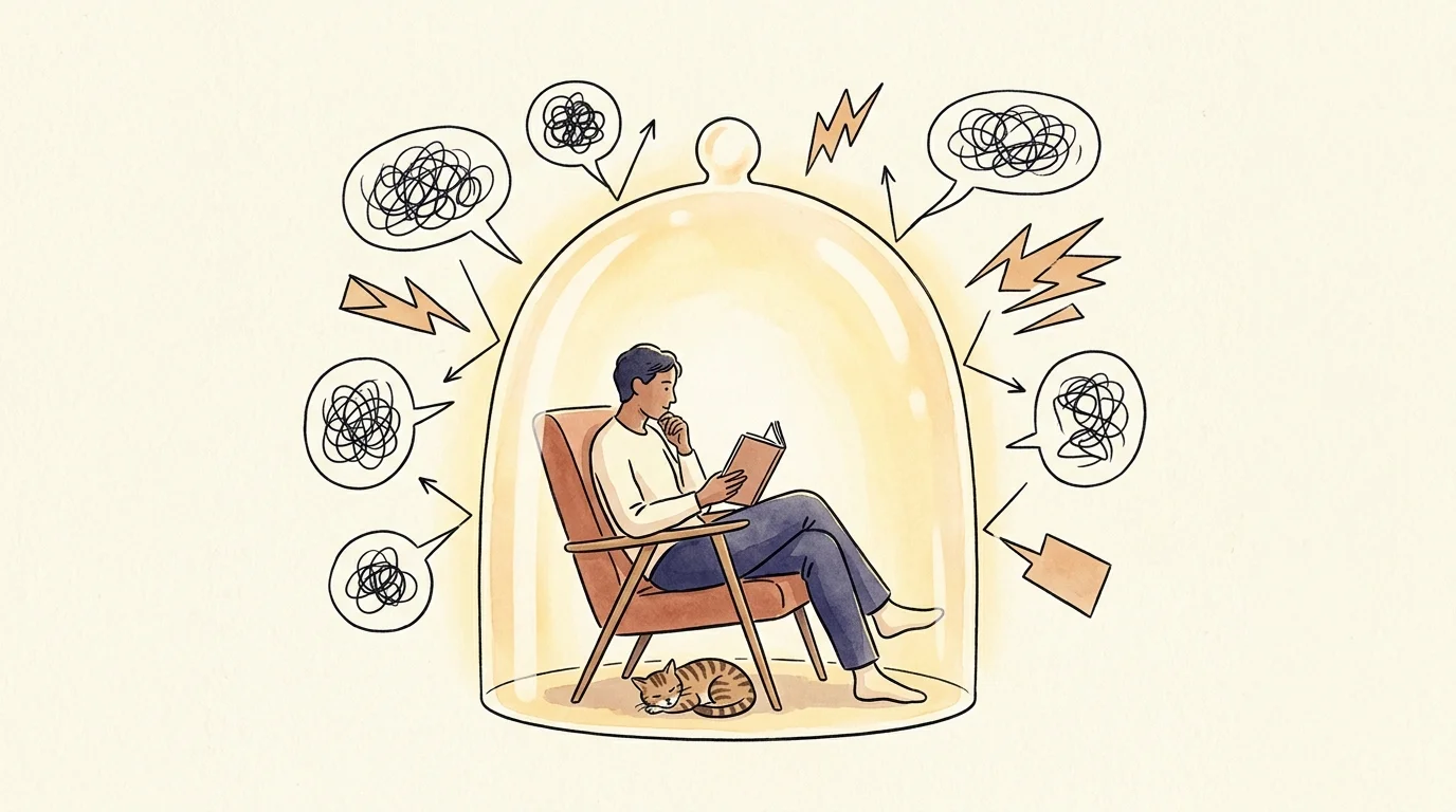 Watercolor illustration of a person reading peacefully inside a glowing glass dome that shields them from external noise.