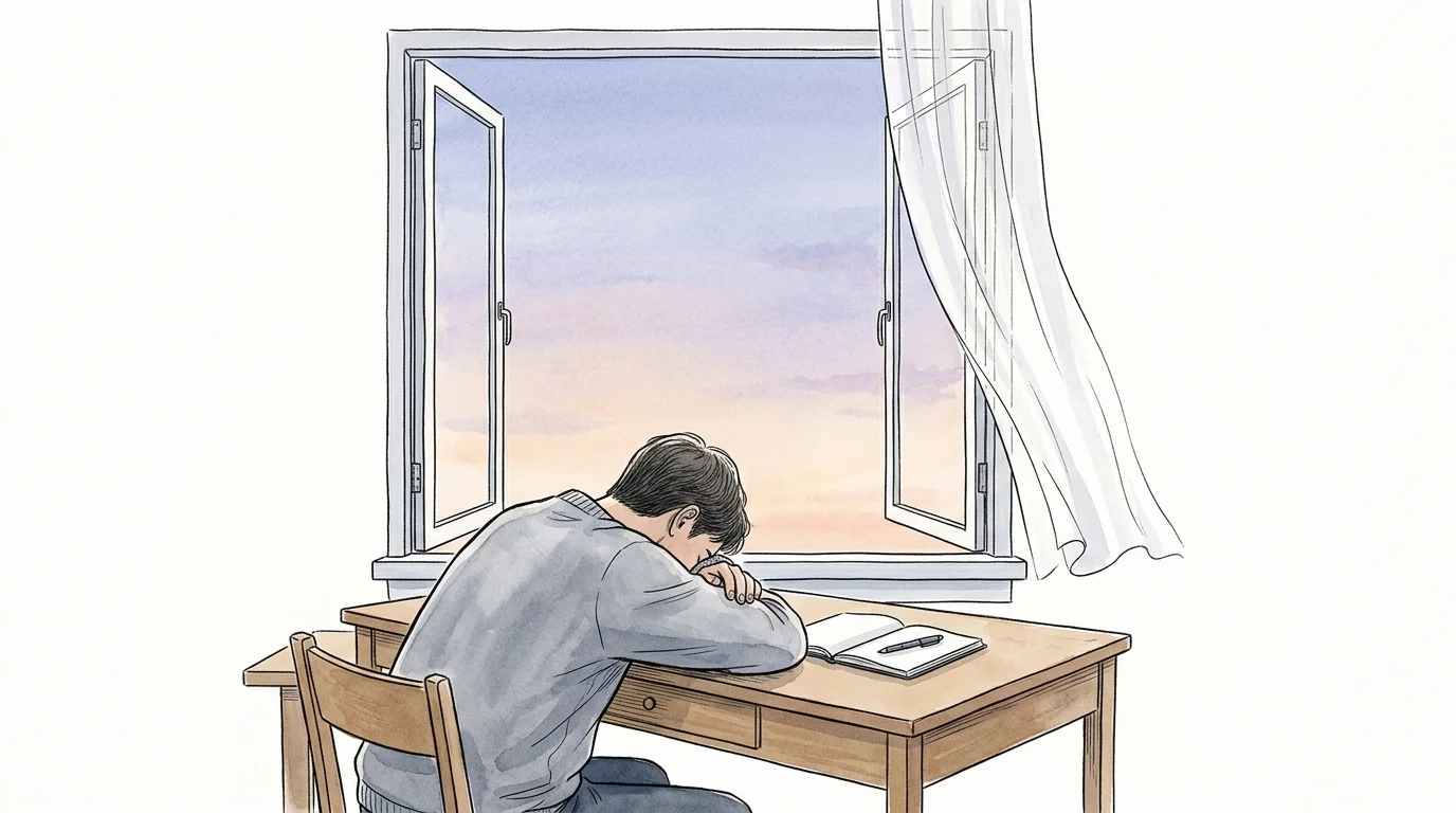 Illustration of a person resting their head on a wooden desk beside an open window overlooking a pastel sunset.