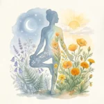 Watercolor illustration of a person's silhouette filled with cool silver flowers on one side and warm gold flowers on the other.