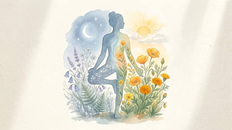 Watercolor illustration of a person's silhouette filled with cool silver flowers on one side and warm gold flowers on the other.