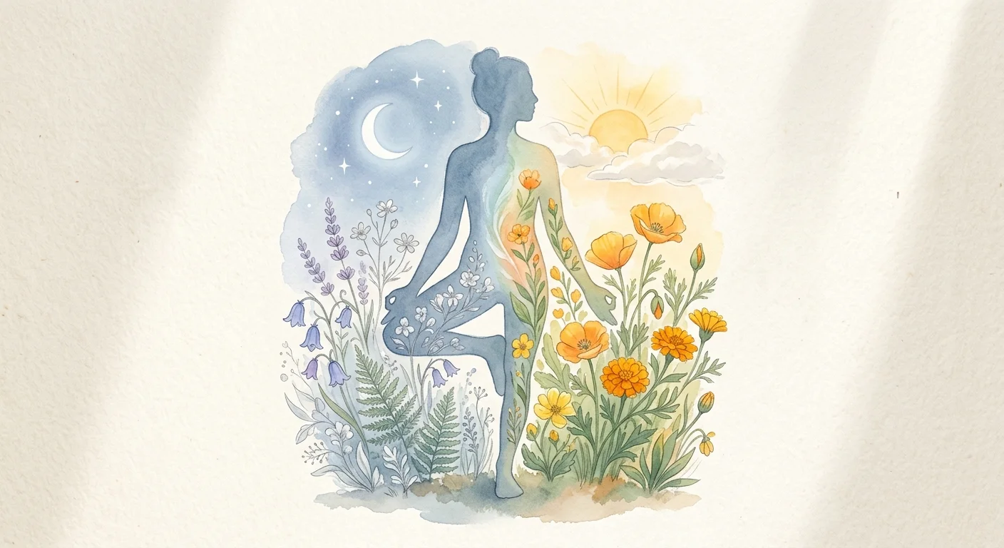Watercolor illustration of a person's silhouette filled with cool silver flowers on one side and warm gold flowers on the other.