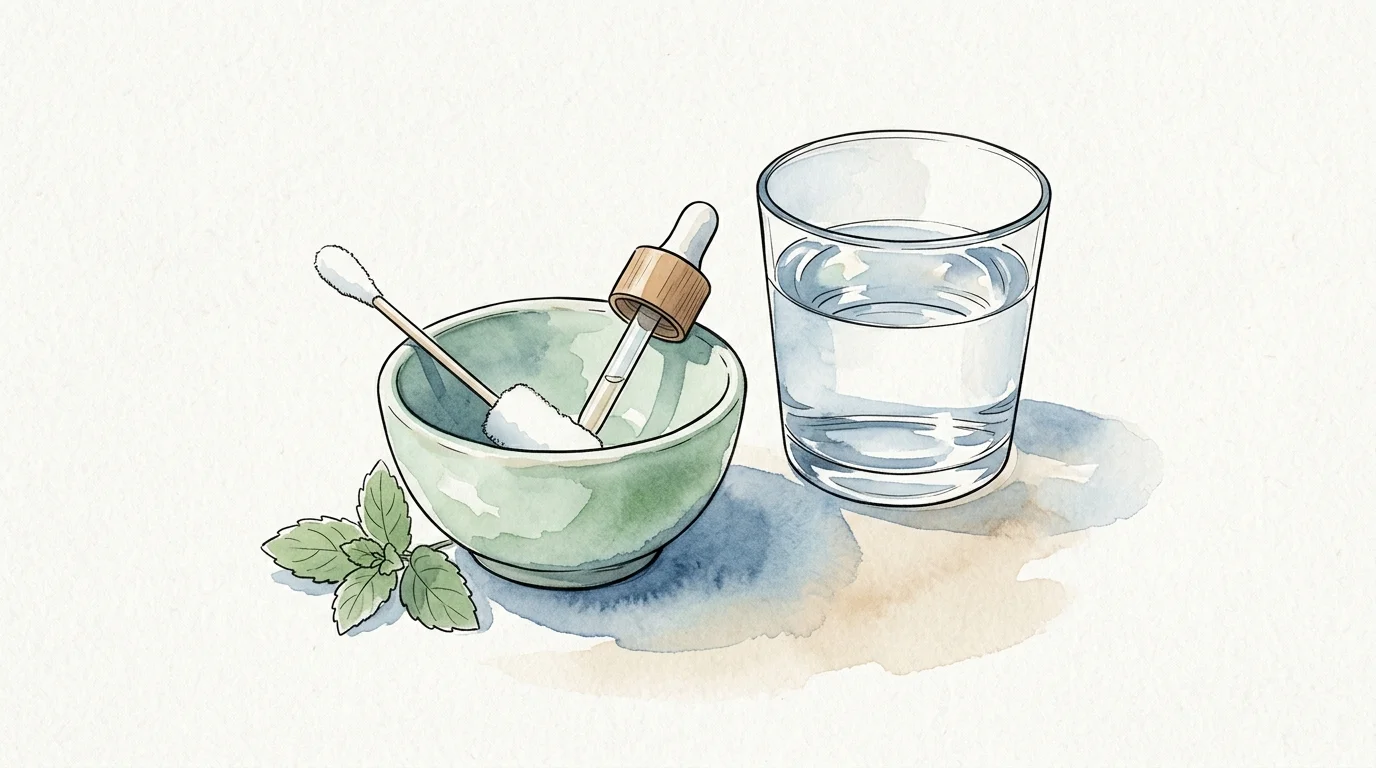 Watercolor illustration of a glass of water, a small green bowl holding a cotton swab and dropper, and green leaves.