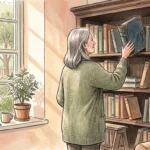 Watercolor illustration of a woman placing a worn journal onto a bookshelf in a sunlit room, symbolizing finding peace with the past.