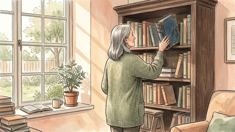 Watercolor illustration of a woman placing a worn journal onto a bookshelf in a sunlit room, symbolizing finding peace with the past.