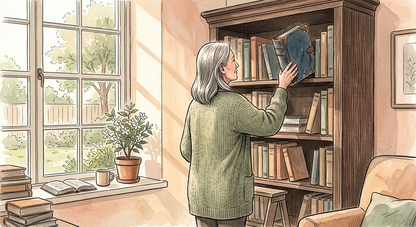 Watercolor illustration of a woman placing a worn journal onto a bookshelf in a sunlit room, symbolizing finding peace with the past.
