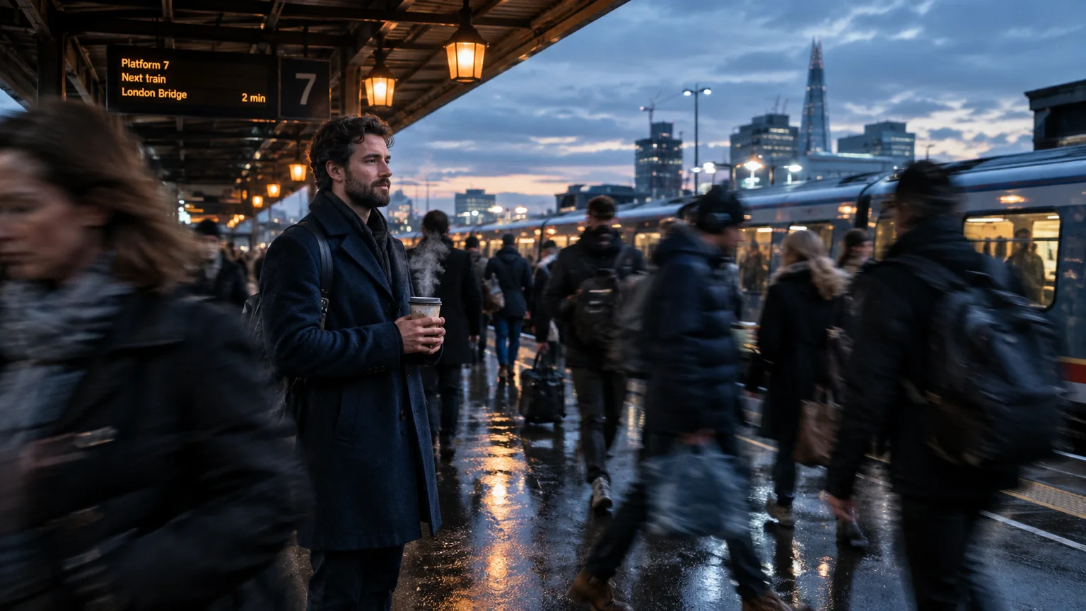 Man in a dark coat holding a steaming cup stands still on a busy, wet train platform surrounded by blurred commuters.