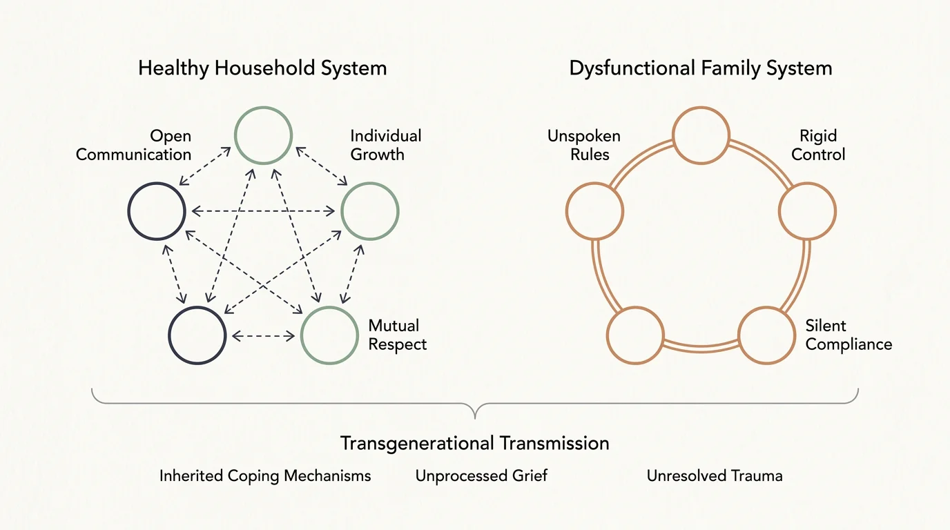Diagram comparing an open healthy household system to a rigid dysfunctional family system over transgenerational factors.