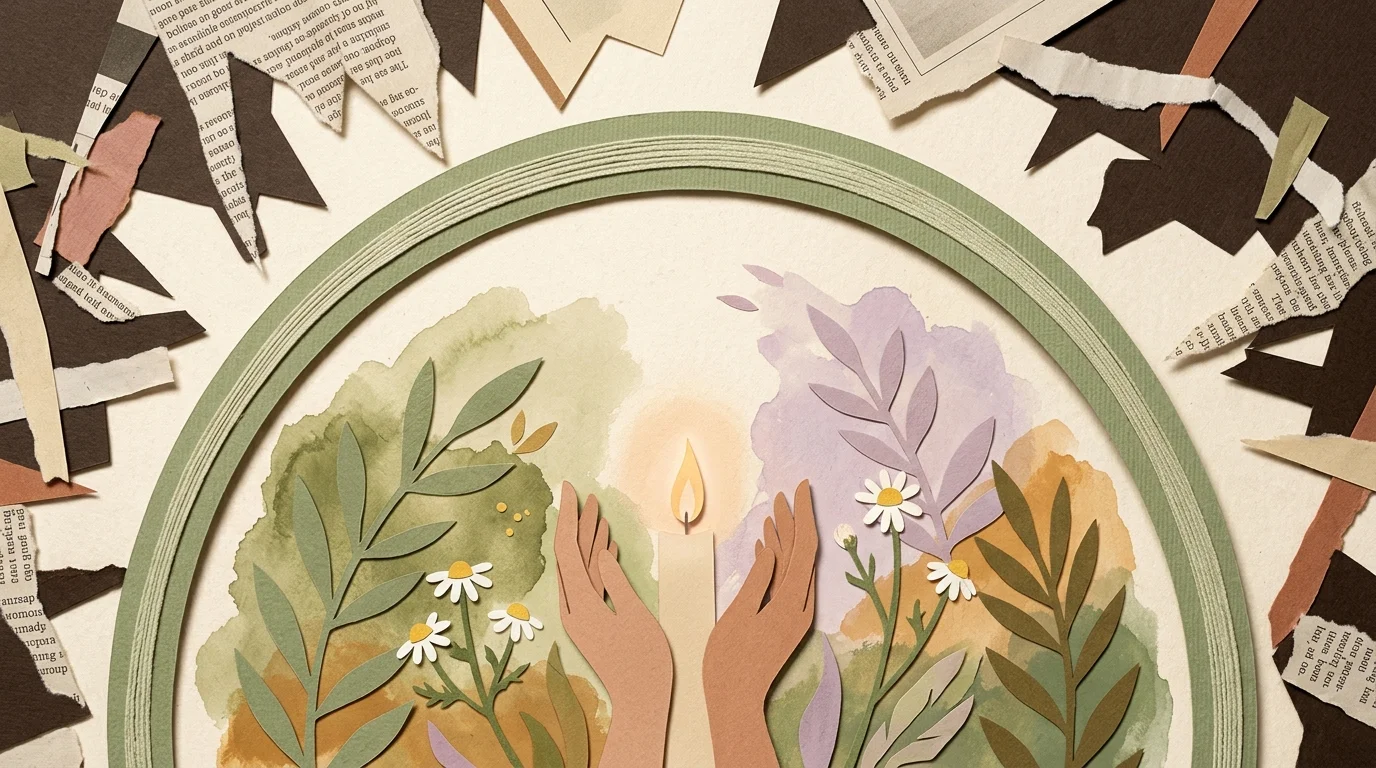 Paper collage with a circular frame holding paper hands around a lit candle, surrounded by flowers and torn newsprint scraps.