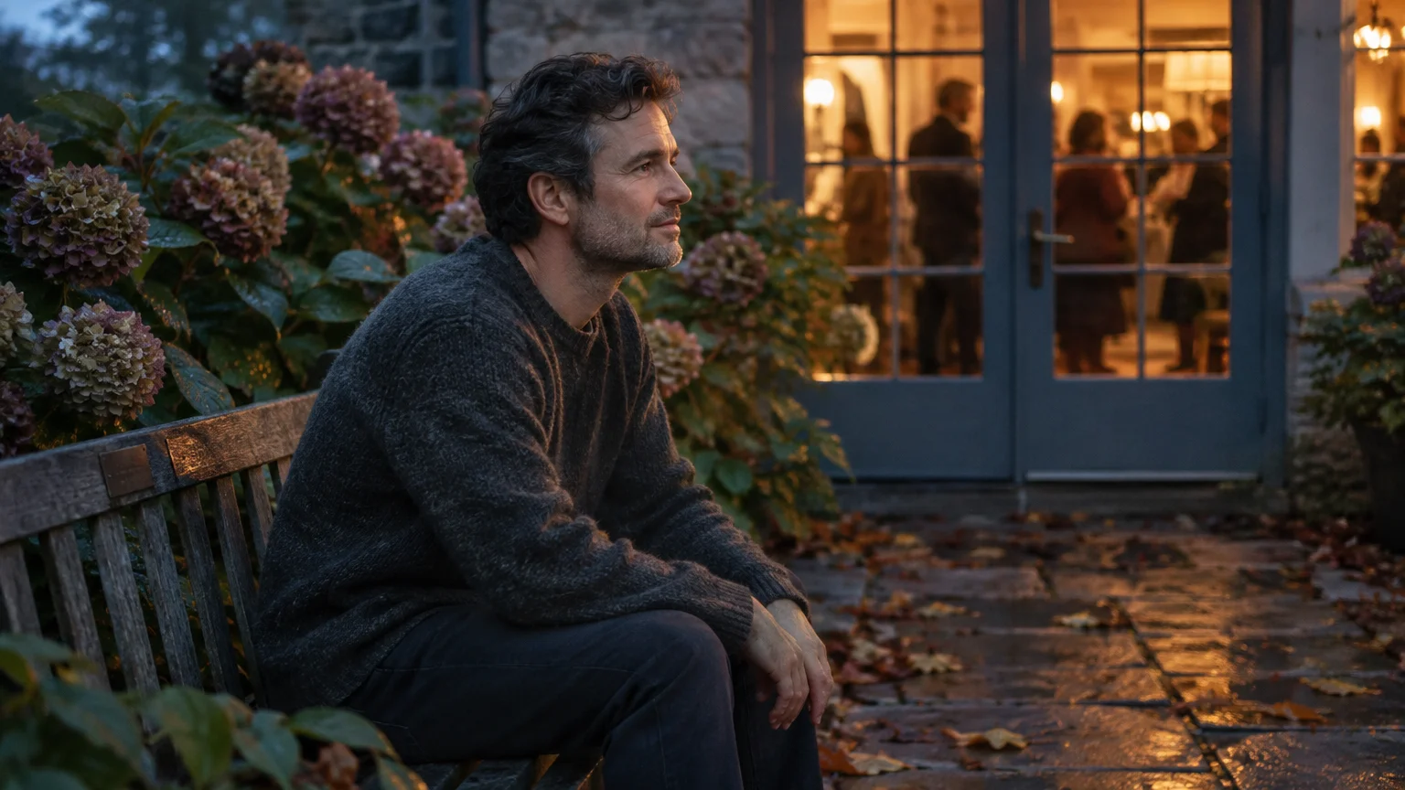 A man sits on a wooden bench outside a warmly lit house where a gathering takes place indoors.