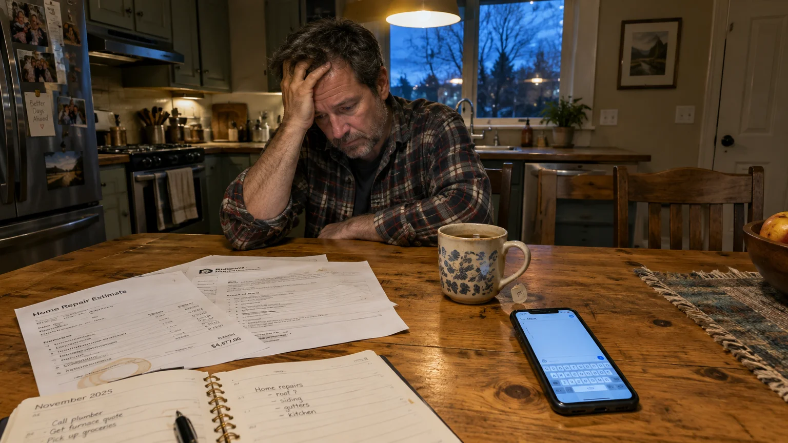A man rests his head on his hand at a kitchen table surrounded by repair estimates, a notebook, and a smartphone.