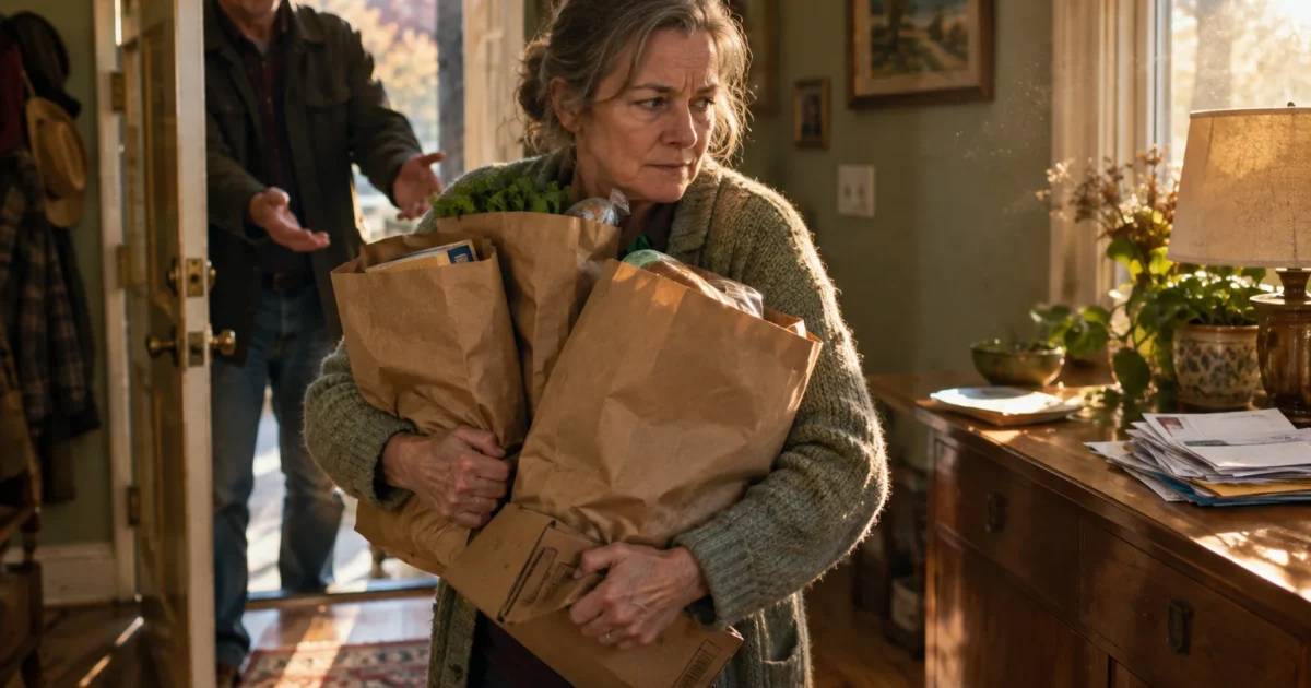 A woman carrying heavy paper grocery bags indoors looks away as a man reaches out to offer help.