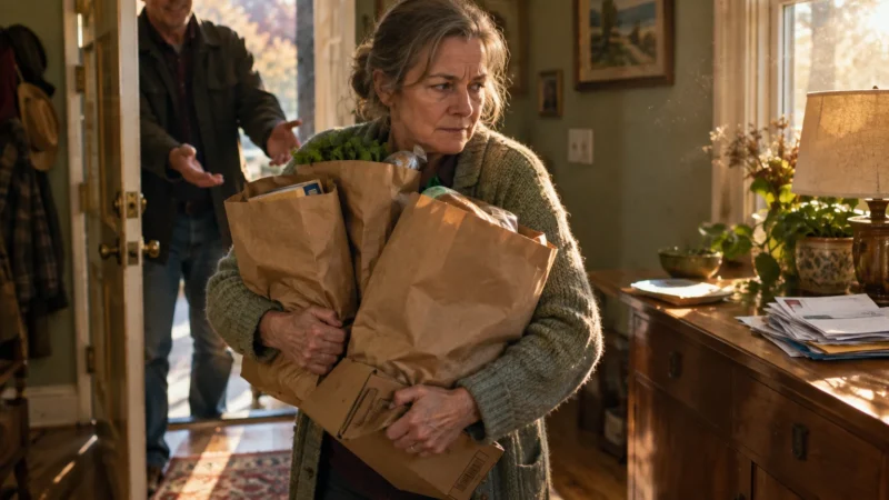 A woman carrying heavy paper grocery bags indoors looks away as a man reaches out to offer help.