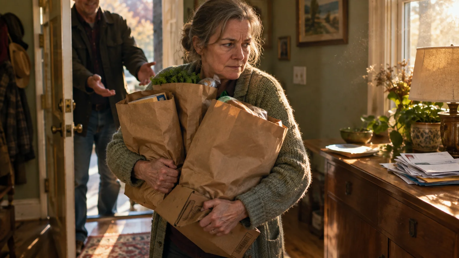 A woman carrying heavy paper grocery bags indoors looks away as a man reaches out to offer help.