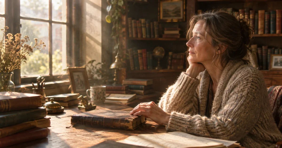 A woman in a knit sweater gazes out a sunlit window while resting her hand on an antique book at a wooden desk.