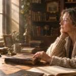 A woman in a knit sweater gazes out a sunlit window while resting her hand on an antique book at a wooden desk.