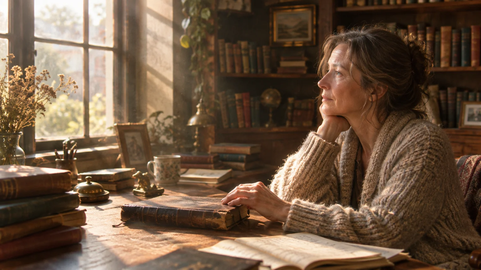 A woman in a knit sweater gazes out a sunlit window while resting her hand on an antique book at a wooden desk.