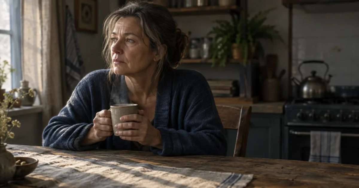 Mature woman sitting at a rustic wooden kitchen table, holding a steaming mug and gazing thoughtfully toward a window.