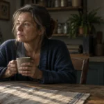 Mature woman sitting at a rustic wooden kitchen table, holding a steaming mug and gazing thoughtfully toward a window.