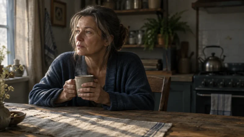 Mature woman sitting at a rustic wooden kitchen table, holding a steaming mug and gazing thoughtfully toward a window.