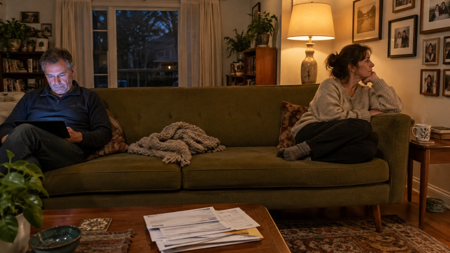 A man on a tablet and a woman gazing away sit silently at opposite ends of a green couch in a living room.