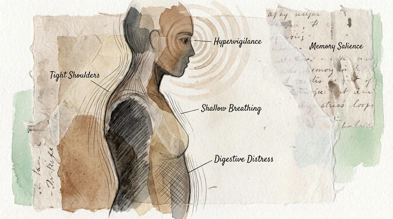 Mixed-media collage illustration of a human torso profile diagramming hypervigilance, tight shoulders, and digestive distress.
