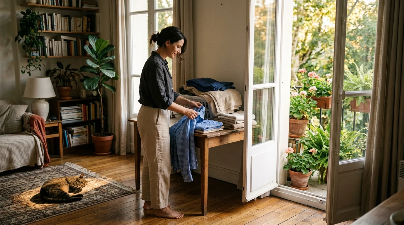 Woman folding laundry at a wooden table near an open balcony door while a tabby cat sleeps in the sunlight on a rug.