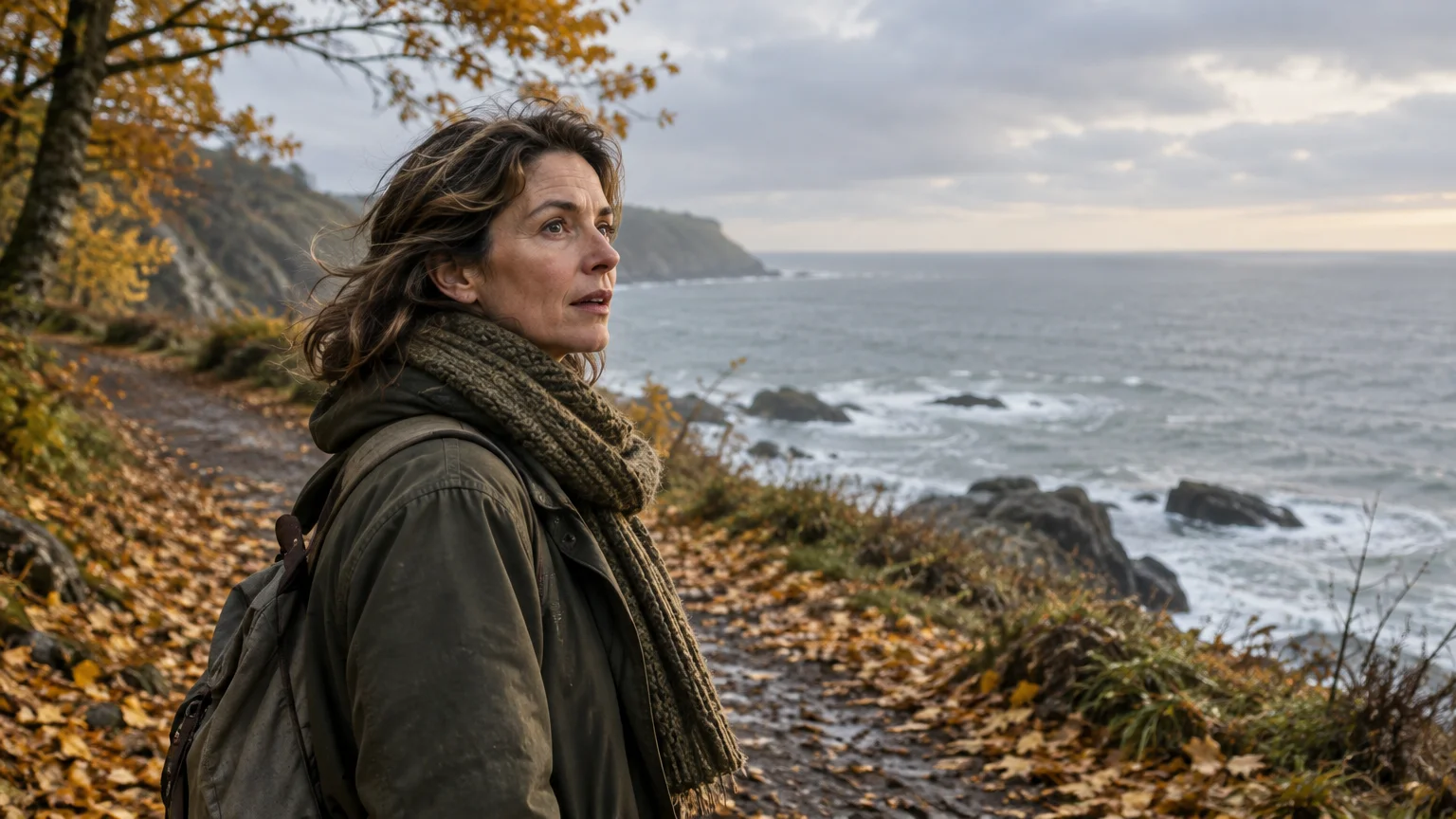A woman wearing a jacket and knit scarf stands on a coastal path covered in autumn leaves, gazing toward the ocean.