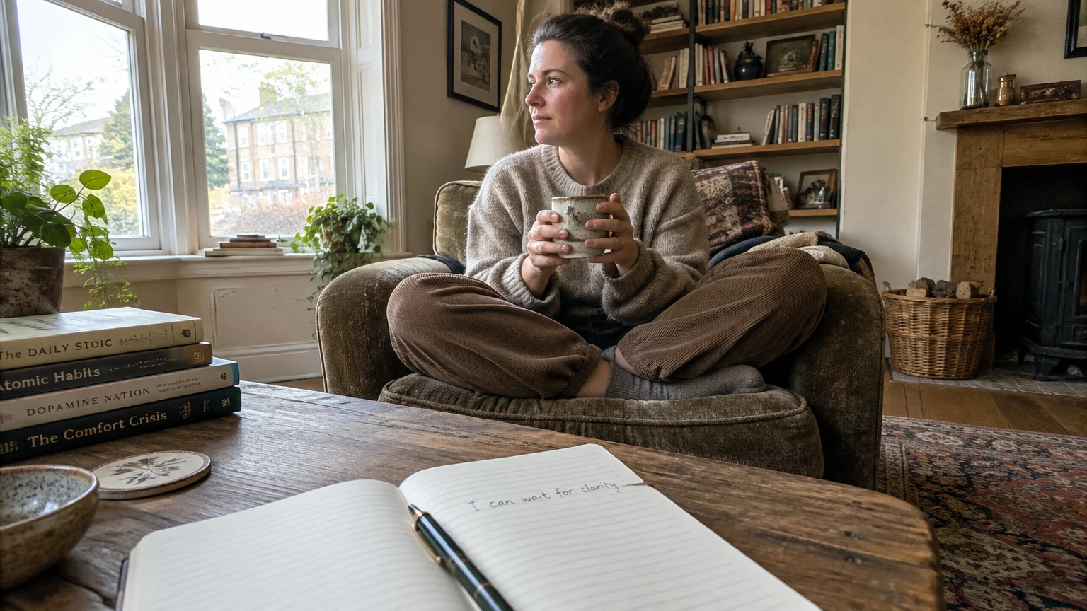 Woman holding a mug in an armchair near a window, with an open journal reading "I can wait for clarity" on a coffee table.
