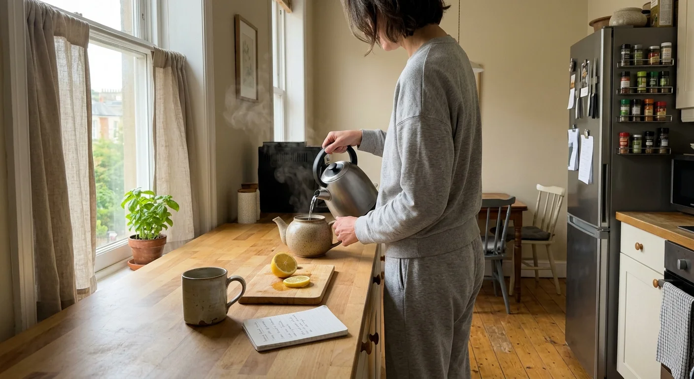 A woman in a grey loungewear set pours steaming water from a kettle into a teapot on a wooden kitchen counter.