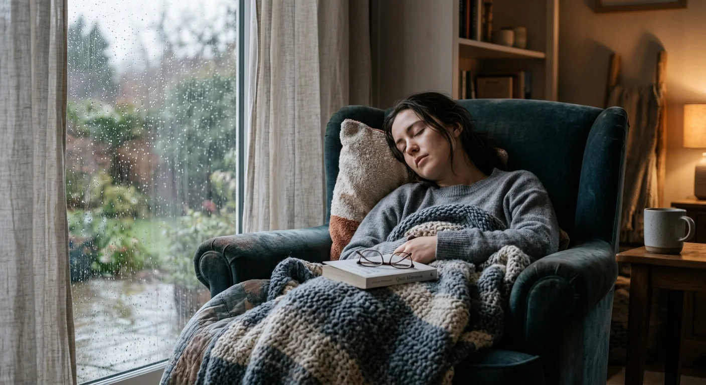 Woman asleep in an armchair covered by a knit blanket with a book on her lap beside a rainy window.