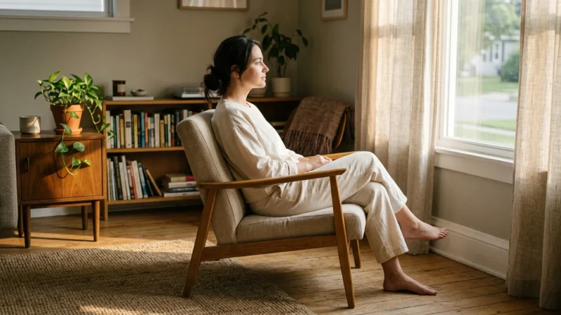 A woman in beige loungewear sits in a wooden armchair, looking out a large window in a living room with bookshelves.