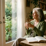 Older woman in a green cardigan holds a mug by patio doors, seated at a wooden table with an open notebook.
