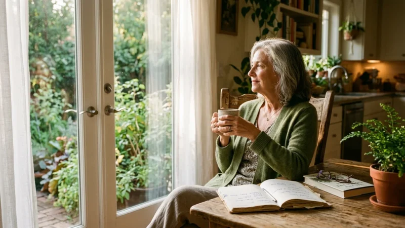 Older woman in a green cardigan holds a mug by patio doors, seated at a wooden table with an open notebook.