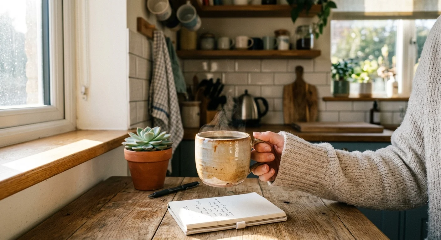 Hand holding a steaming ceramic mug beside a notebook, pen, and potted succulent on a wooden kitchen table by a window.