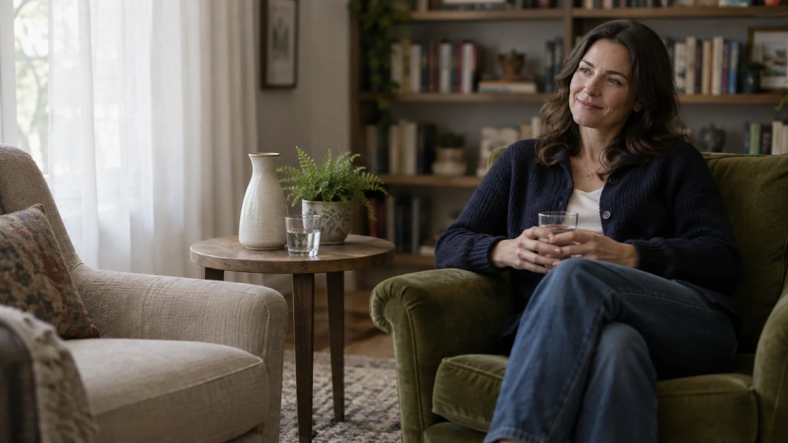 A smiling woman holding a glass of water sits in a green armchair across from another chair in a cozy living room.