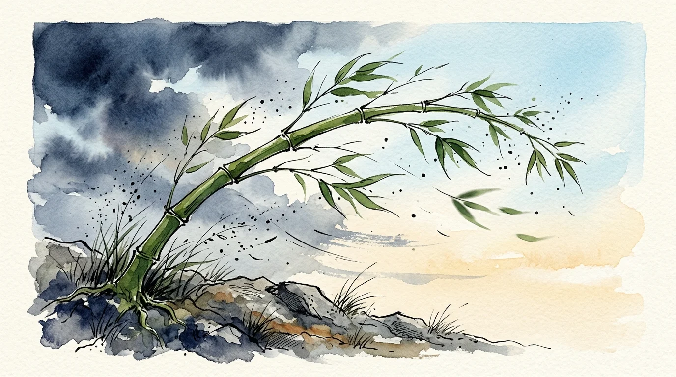 Watercolor illustration of a green bamboo stalk bending resiliently in strong wind against a stormy sky.
