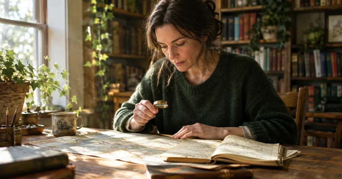 A woman in a green sweater uses a small magnifying glass to examine a vintage map on a rustic wooden desk.