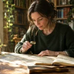 A woman in a green sweater uses a small magnifying glass to examine a vintage map on a rustic wooden desk.