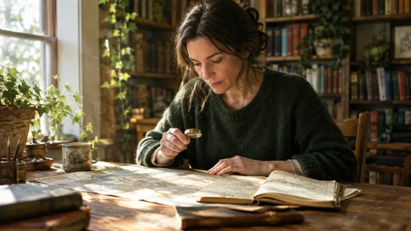 A woman in a green sweater uses a small magnifying glass to examine a vintage map on a rustic wooden desk.
