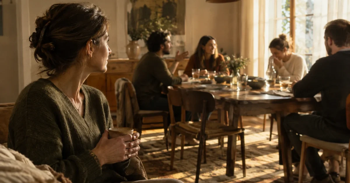 A woman sitting on a sofa holding a mug observes a group of people conversing around a dining table.