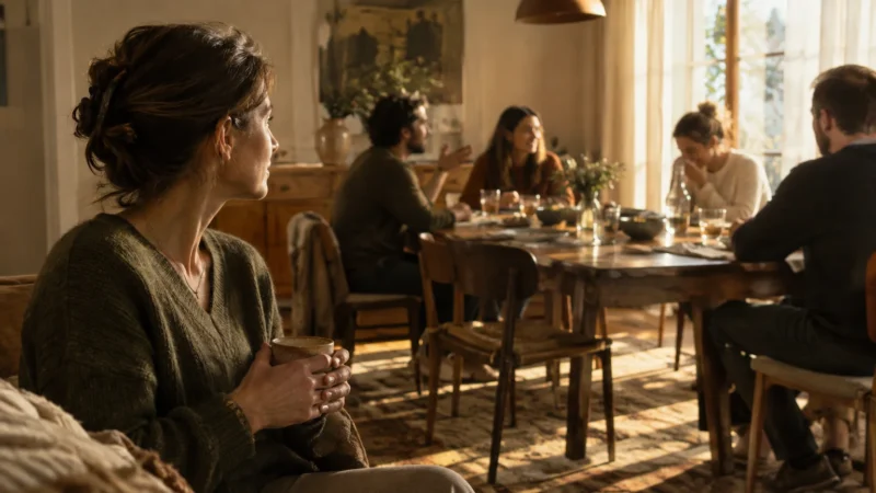 A woman sitting on a sofa holding a mug observes a group of people conversing around a dining table.