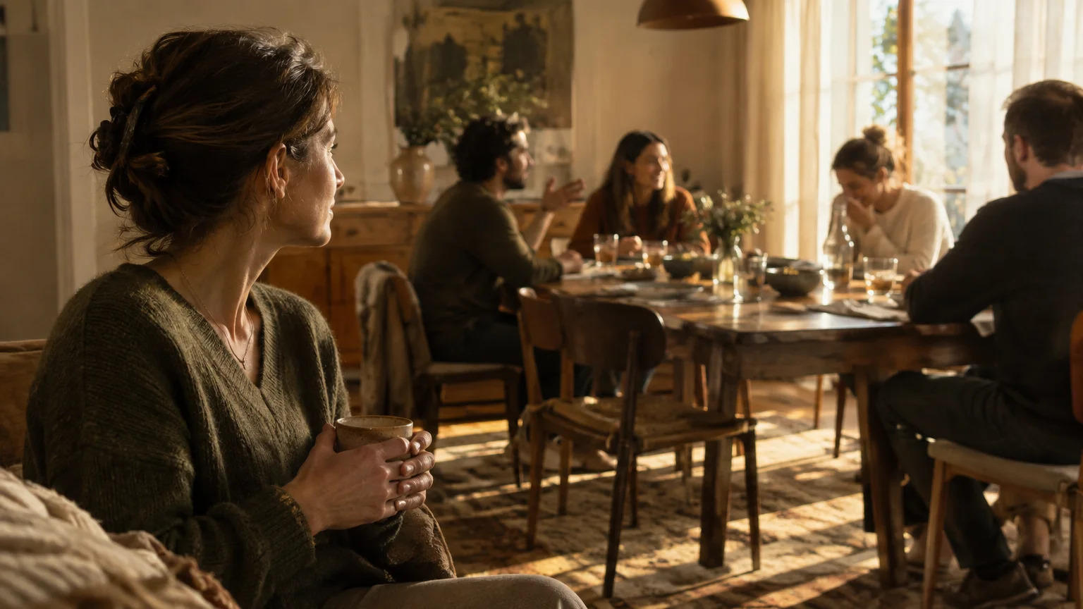 A woman sitting on a sofa holding a mug observes a group of people conversing around a dining table.