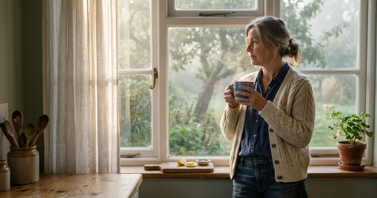 A woman in a knit cardigan stands by a kitchen window holding a steaming mug and looking outside.